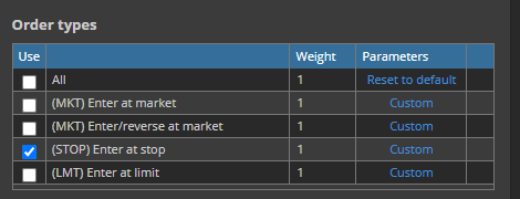 SQXのOrder types設定。(MKT) Enter at market、(MKT) Enter/reverse at market、(STOP) Enter at stop、(LMT) Enter at limitの4行