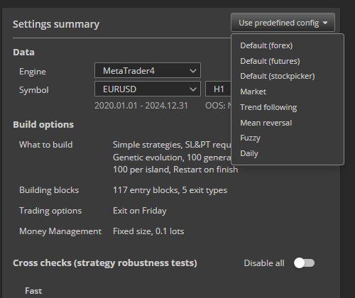 Use predefined configのドロップダウン。Default (forex)、Market、Trend followingなどの既定設定が並ぶ